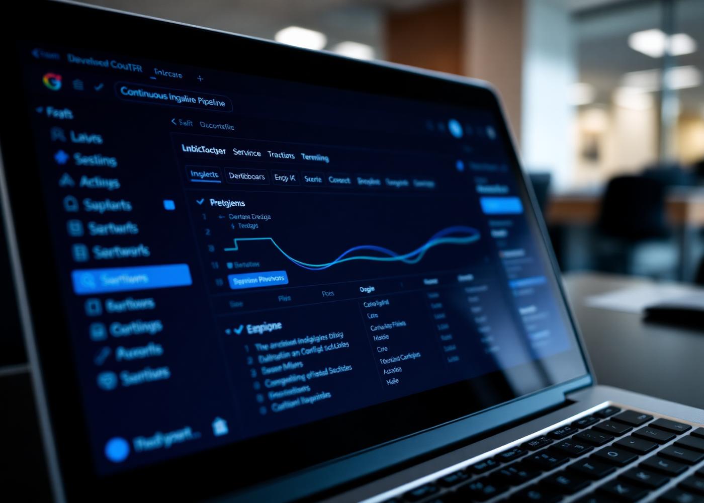 Continuous integration pipeline dashboard open on a developer laptop in an office