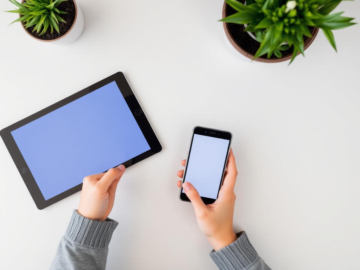 Hands testing a mobile application on a smartphone next to a tablet on a clean desk