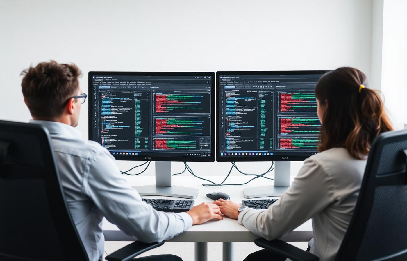 Two software testers reviewing automated test results on dual monitors in a bright office